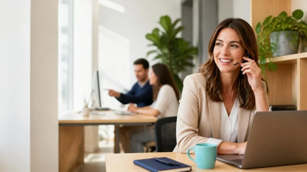 Conseillère souriante répondant au téléphone dans un bureau lumineux pour réserver un DPE